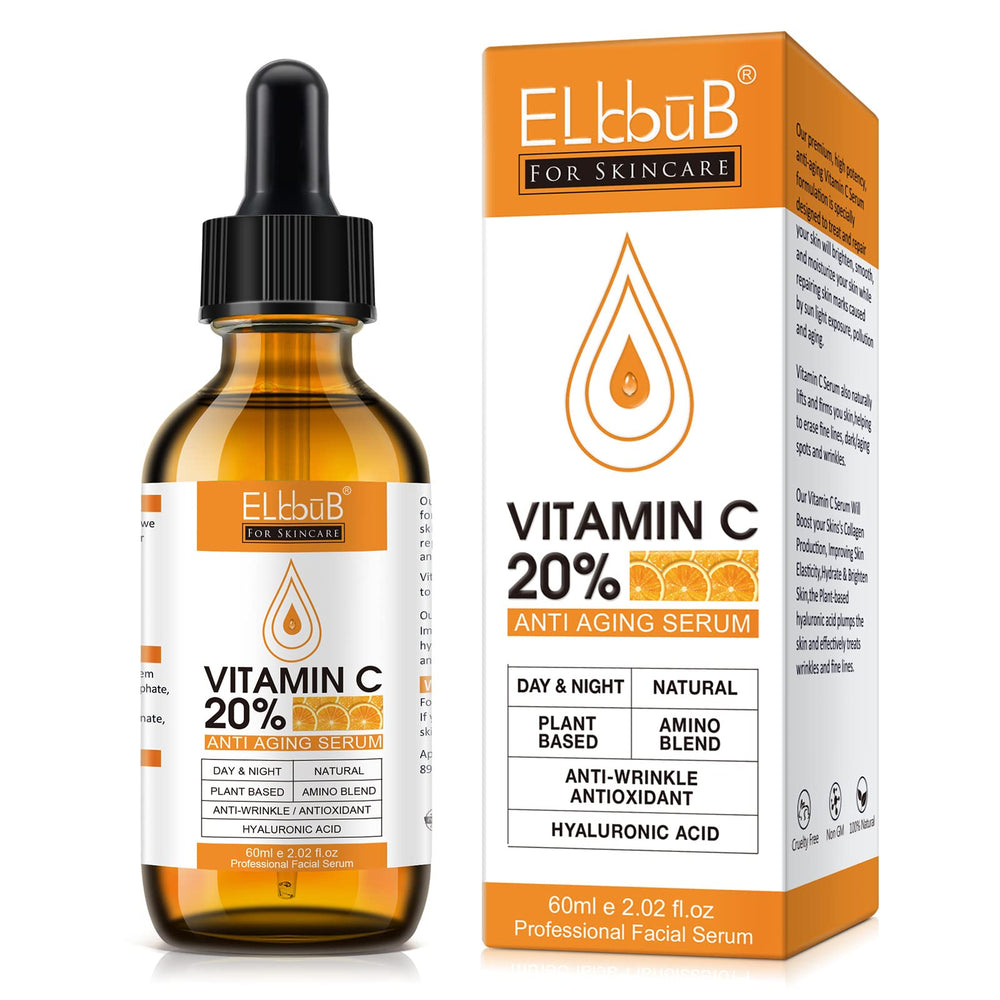 ELBBUB Premium Vitamin C Serum bottle close-up showing 20% concentration for brighter, more even skin
