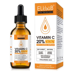 ELBBUB Premium Vitamin C Serum bottle close-up showing 20% concentration for brighter, more even skin