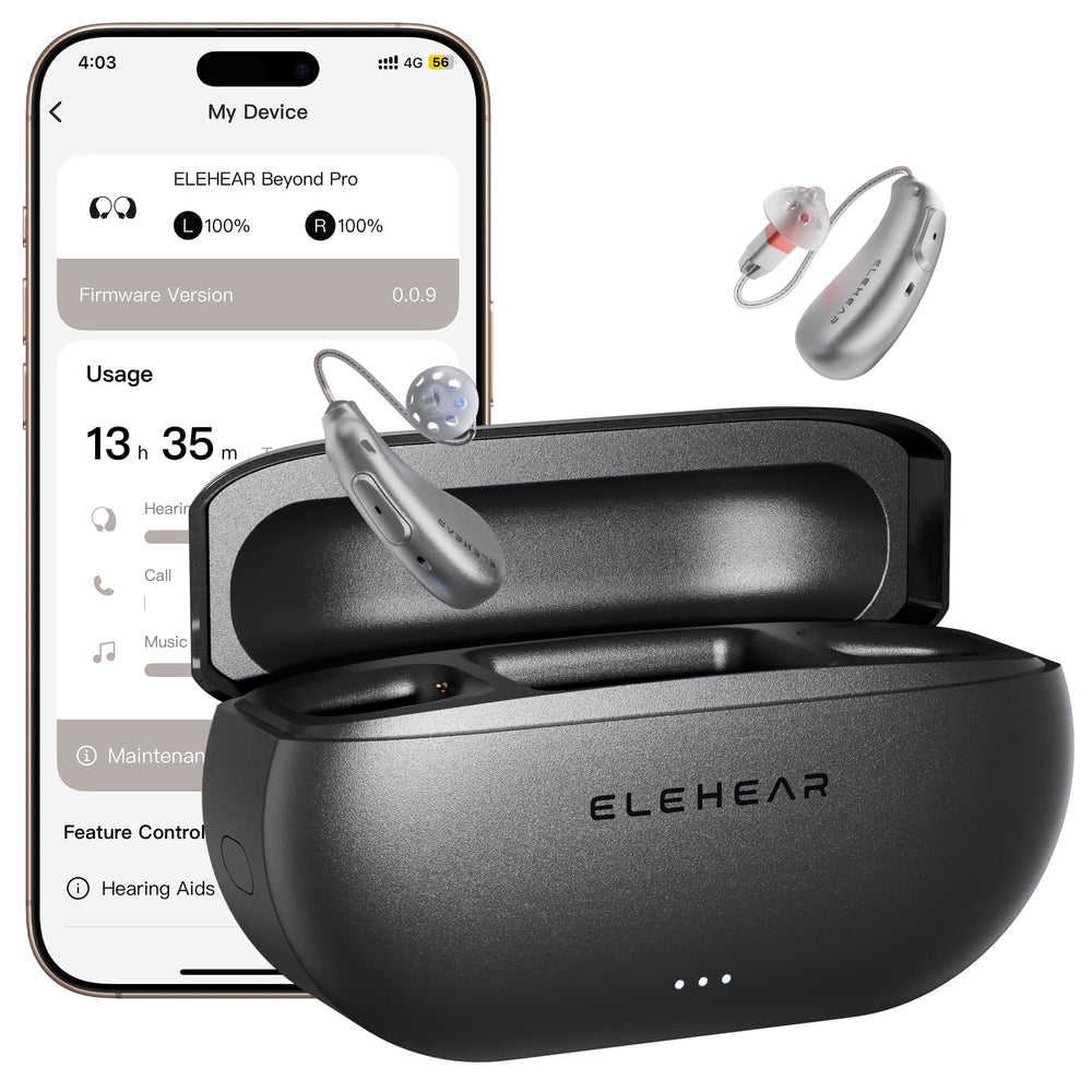 ELEHEAR Beyond Pro hearing aid in hand, portable and ready for on-the-go use.