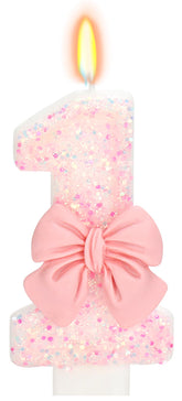 ElekFX pink glitter birthday candle with bowknot for festive cake topper.