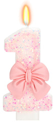 ElekFX pink glitter birthday candle with bowknot for festive cake topper.