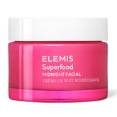 ELEMIS Superfood Midnight Facial jar close-up shows rich gel texture for overnight hydration.