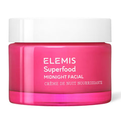 ELEMIS Superfood Midnight Facial jar close-up shows rich gel texture for overnight hydration.