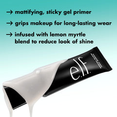 e.l.f. Power Grip Matte Primer bottle tilt highlights clear formula for all skin types