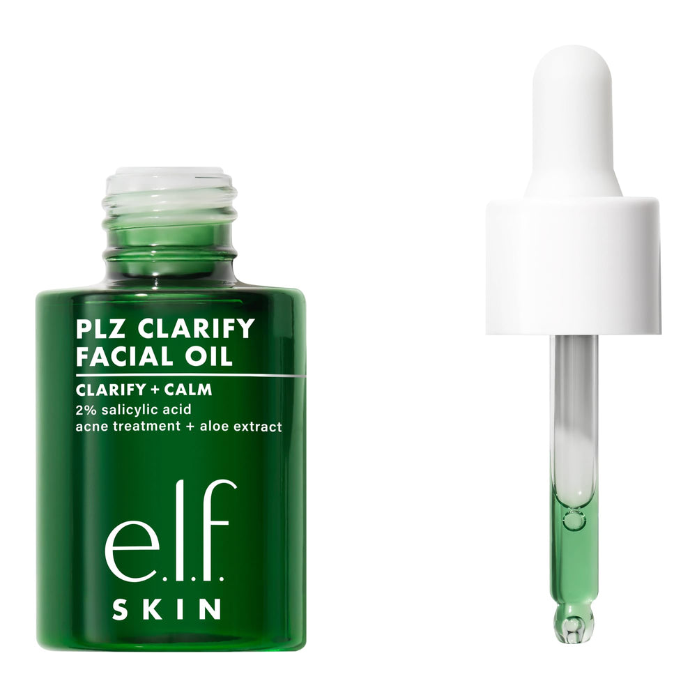e.l.f. SKIN PLZ Clarify oil bottle close-up showing lightweight, non-greasy finish