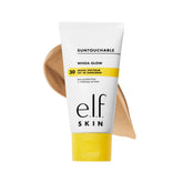 e.l.f. Suntouchable Whoa Glow SPF 30 bottle shows peach shimmer for natural radiance