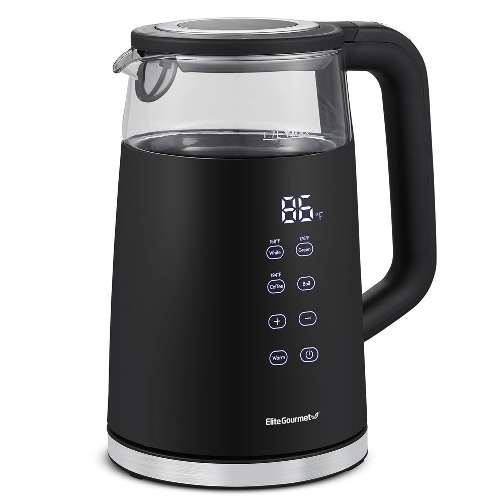 Elite Gourmet 1.7L dual-wall kettle side view, cool-touch exterior for safe hot water.