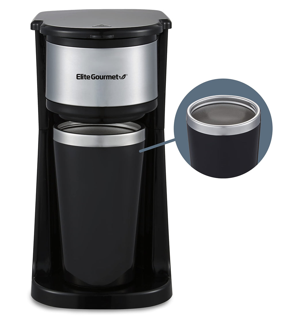 Elite Gourmet EHC-112B coffee maker front view for compact counter space and quick brews