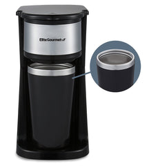 Elite Gourmet EHC-112B coffee maker front view for compact counter space and quick brews