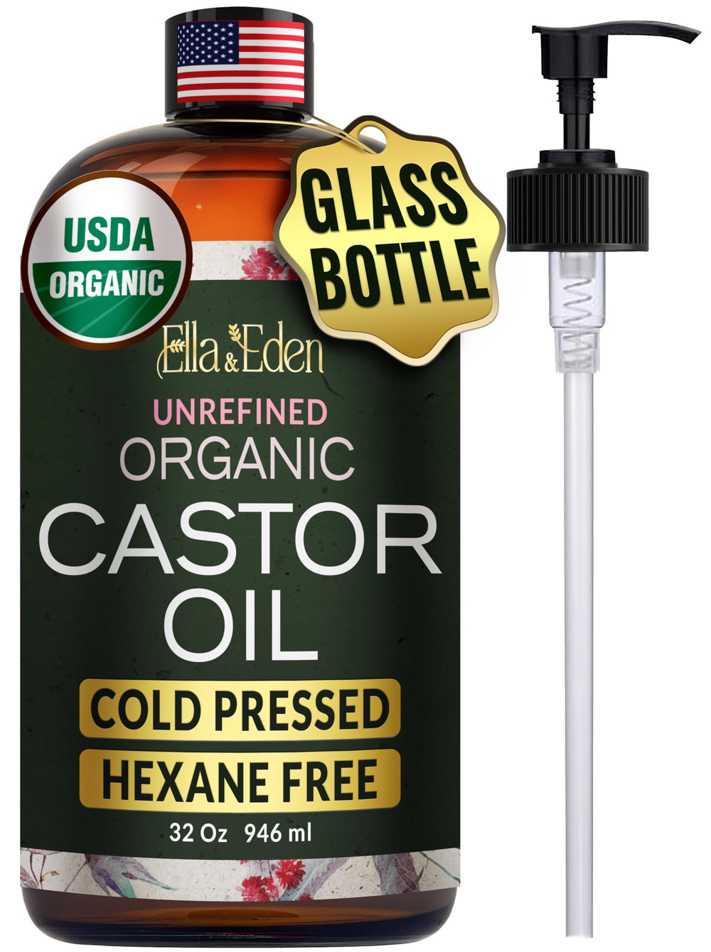 Ella & Eden castor oil in a large pump bottle for easy, mess-free application