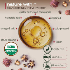 Ella & Eden Castor Oil bottle pour demonstrates easy application for targeted hair and eyelash care.