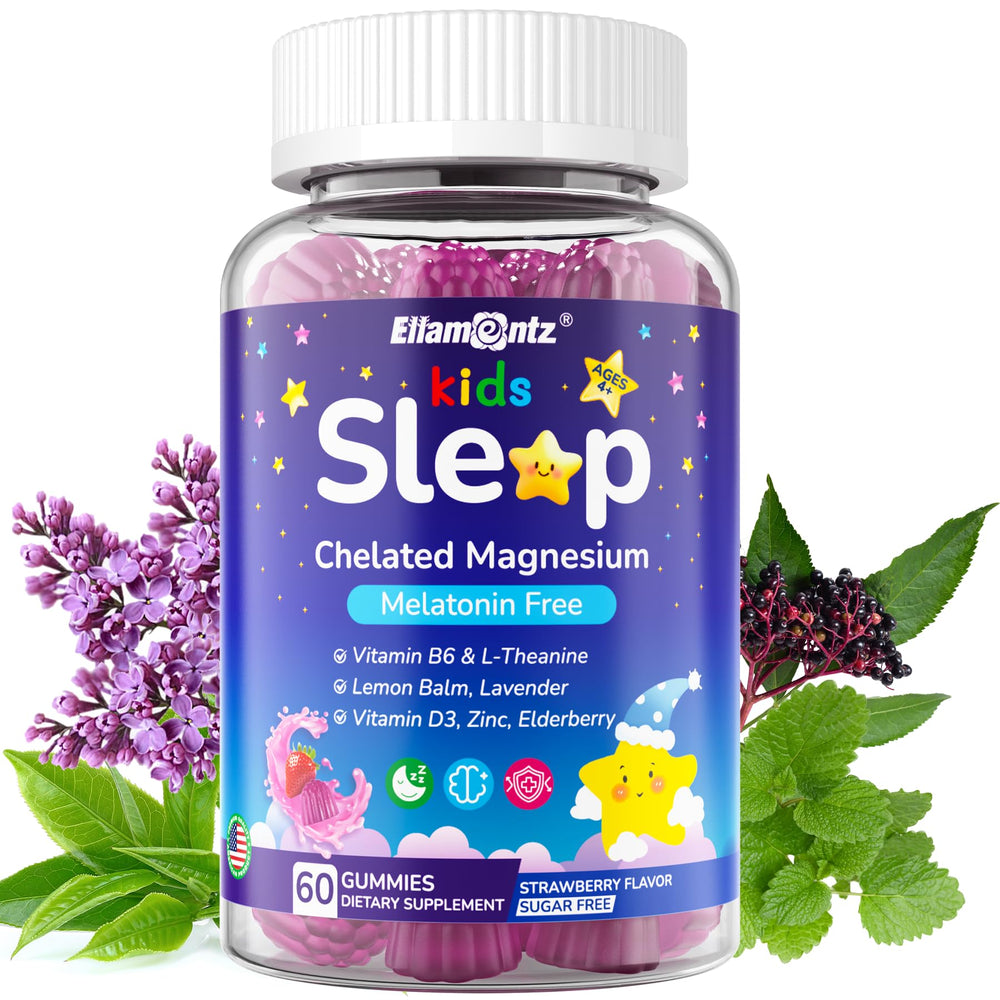 ELLAMENTZ Kids Sleep Gummies bottle promotes calm evenings at bedtime.