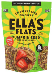 Ella's Flats Pumpkin with Hemp Seed Crackers packaging, ideal for on-the-go snacking.