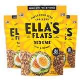 Ella’s Flats Sesame All Seed Crisps packaging front highlights gluten-free convenience.