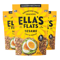 Ella’s Flats Sesame All Seed Crisps packaging front highlights gluten-free convenience.