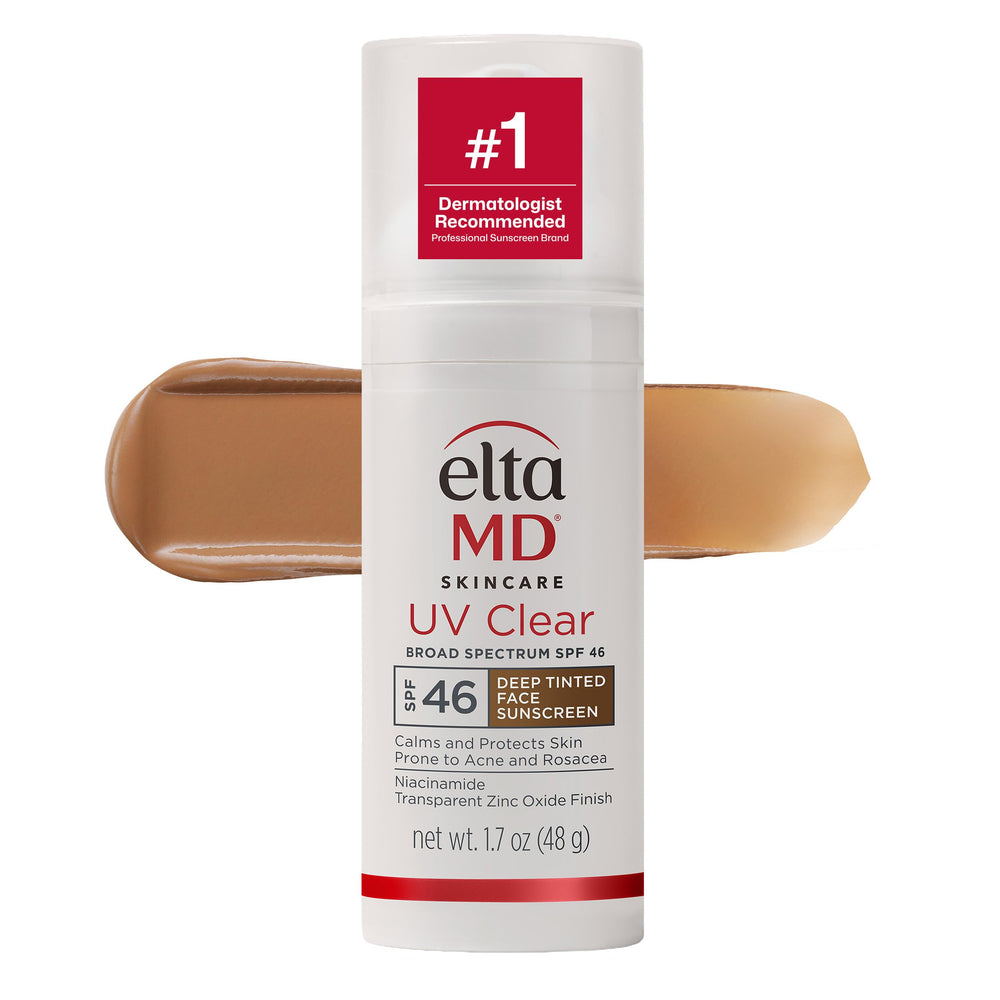 EltaMD UV Clear deep tinted sunscreen bottle for daily sun protection.
