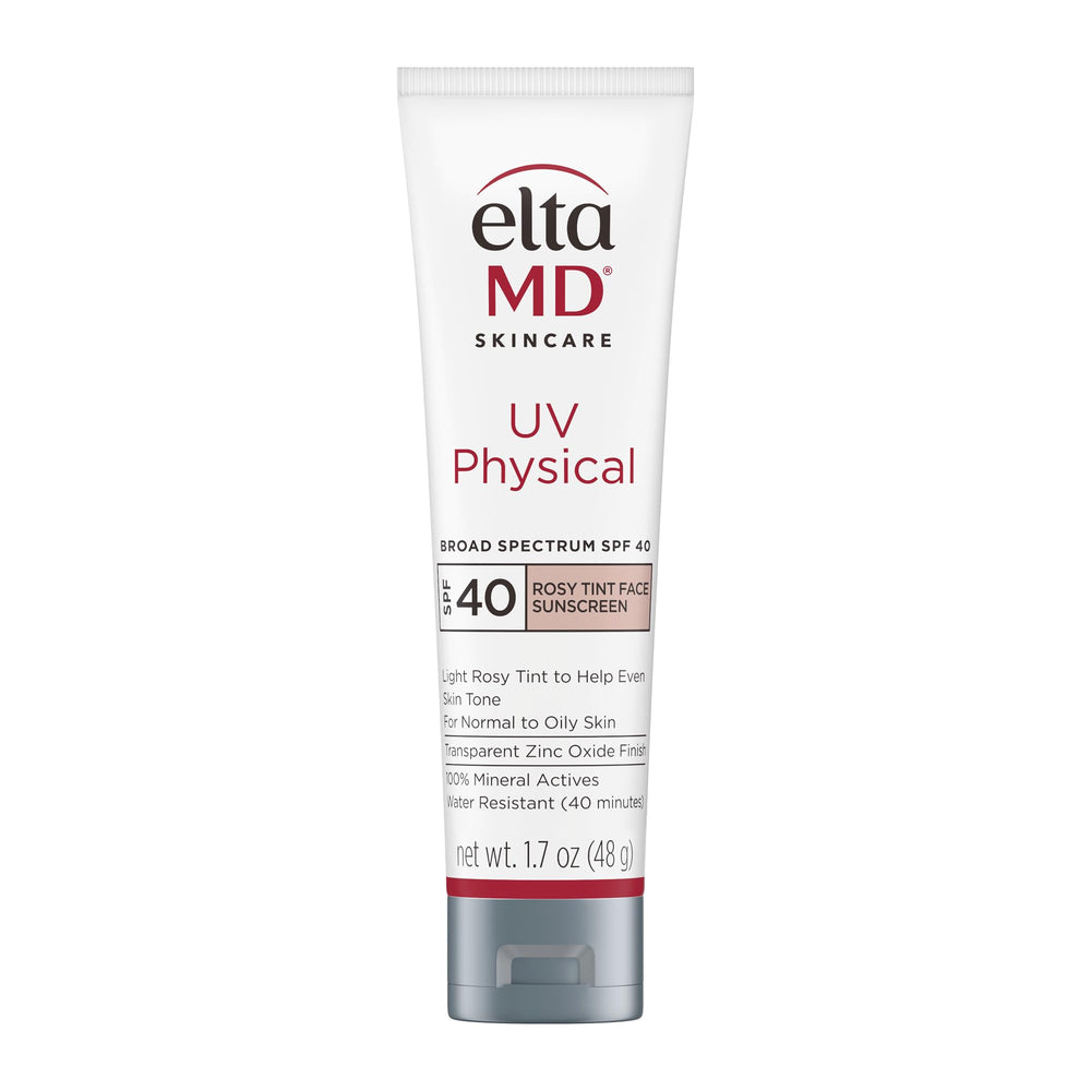 EltaMD UV Physical Rosy Tint bottle shows mineral SPF and natural finish.
