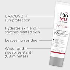 Texture swatch on hand shows EltaMD UV Sheer absorption and light finish.