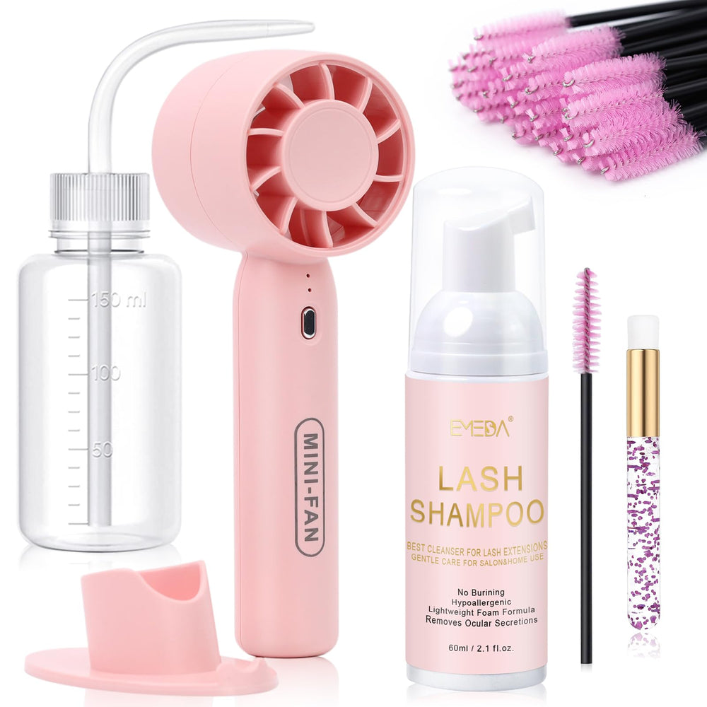 EMEDA lash shampoo kit contents for convenient home lash cleaning.