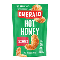 Emerald Hot Honey Cashews bag front highlights premium nuts in a resealable pouch for freshness.