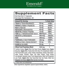 Emerald Labs B-Healthy bottle closeup highlighting methylated folic acid and B vitamins for energy support