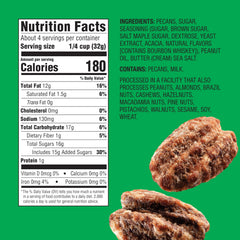 Emerald Maple Bourbon Pecans resealable bag on a shelf, ready for on-the-go snacking.