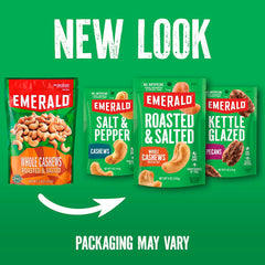 Crunchy Emerald Jalapeno Cashews show a seasoned coating and tasty snap.
