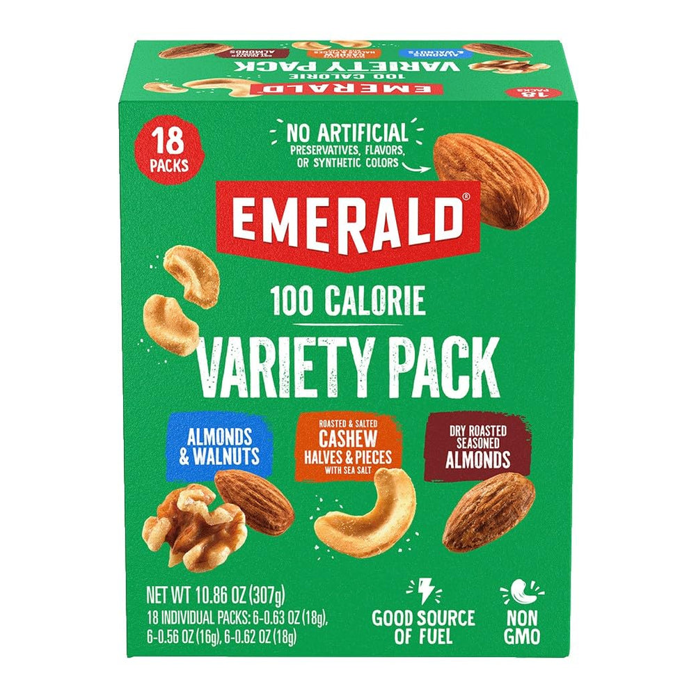 Emerald Nuts mixed variety pack front view, 100-calorie portions for mindful snacking.