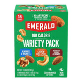 Emerald Nuts mixed variety pack front view, 100-calorie portions for mindful snacking.
