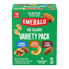 Emerald Nuts mixed variety pack front view, 100-calorie portions for mindful snacking.