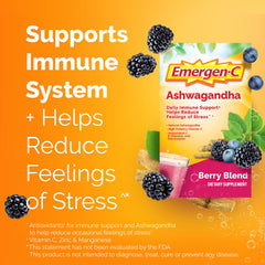 Emergen-C ashwagandha powder packet dissolving in water for a fruity, hydrating drink.
