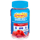 Emergen-C Immune+ Raspberry gummies in a bottle for daily immune support.