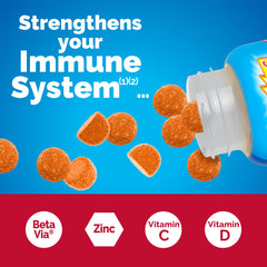 Emergen-C Immune+ gummies bottle on table for on-the-go wellness.