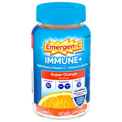Emergen-C Immune+ gummies front close-up, bright orange flavor for daily immune support.