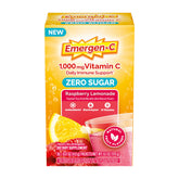 Emergen-C Zero Sugar Raspberry Lemonade packet dissolving in water for a refreshing boost.