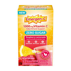 Emergen-C Zero Sugar Raspberry Lemonade packet dissolving in water for a refreshing boost.