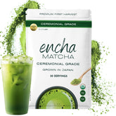 Encha ceremonial grade matcha powder in contrasty green, ideal for a smooth cup.