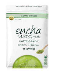 Encha latte grade matcha tin front showing premium packaging and quality.