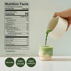 Encha latte grade matcha tin open with scoop for precise measuring.