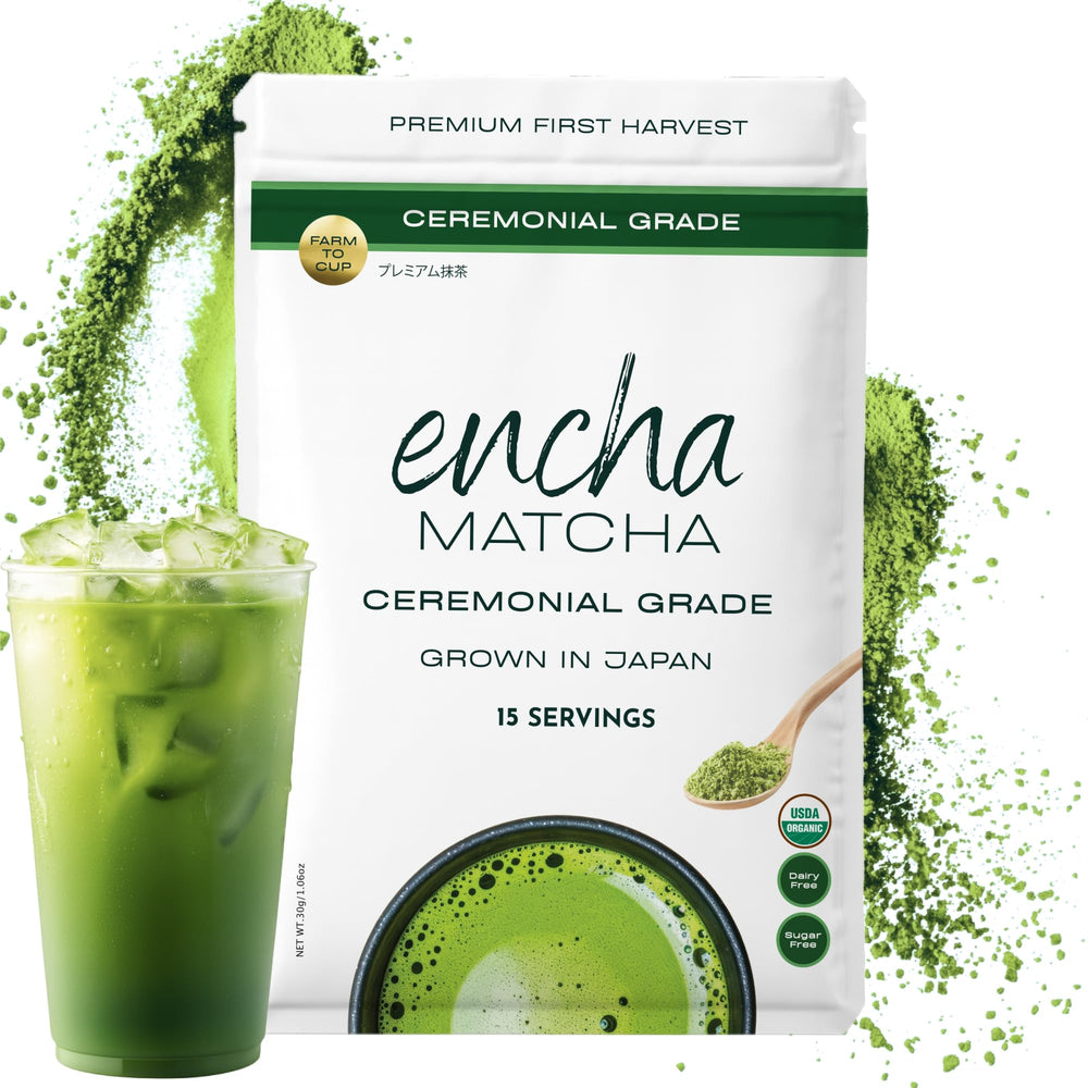 Encha ceremonial-grade matcha powder in a tin for whisking a smooth cup.