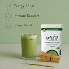 Encha organic matcha powder in packaging for fresh flavor and aroma.
