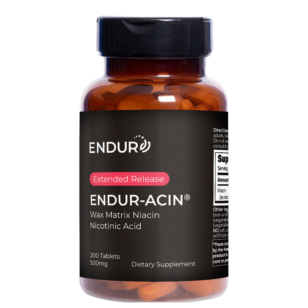 ENDUR-ACIN bottle front displays Endurance brand and 500 mg niacin for heart health support.