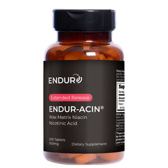 ENDUR-ACIN bottle front displays Endurance brand and 500 mg niacin for heart health support.