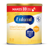 Enfamil Infant formula powder can showcasing iron-fortified nutrition for babies.