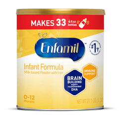 Enfamil Infant formula powder can showcasing iron-fortified nutrition for babies.