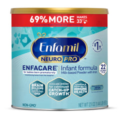 Enfamil NeuroPro EnfaCare 23oz can on shelf for premature infant nutrition