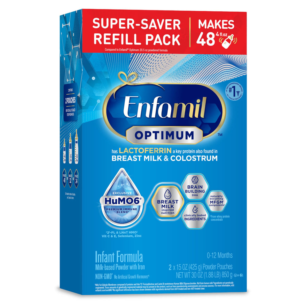Enfamil Optimum bottle pour highlighting lactoferrin for immune support.