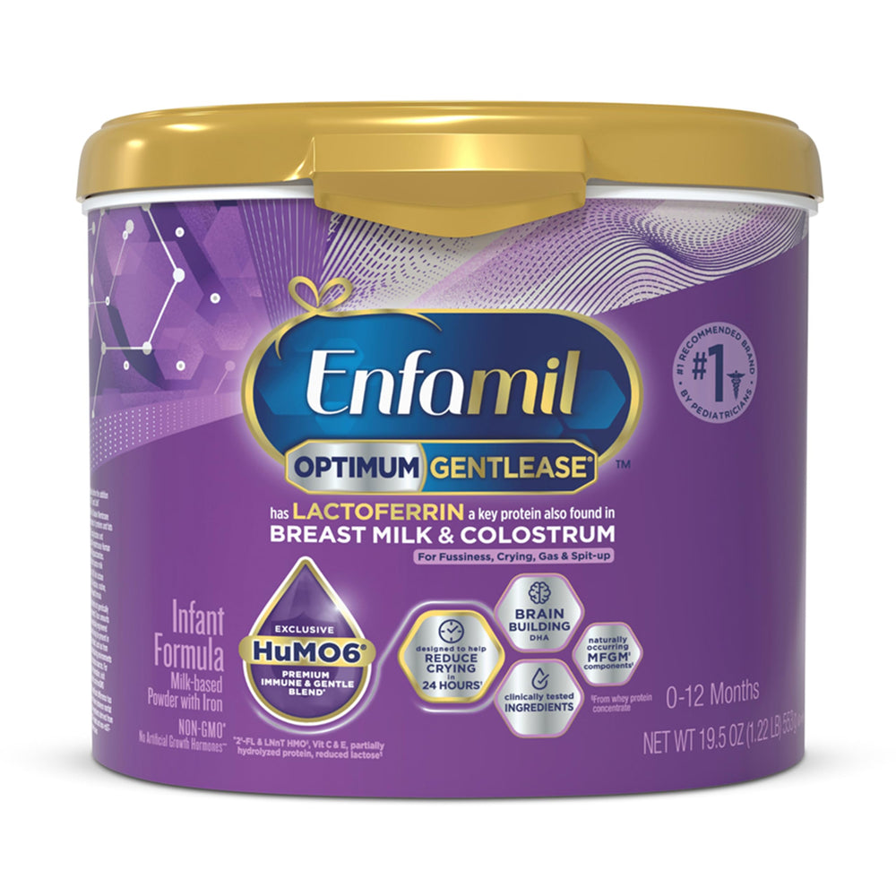 Enfamil Optimum Gentlease powder tin showing packaging for gentle digestion.