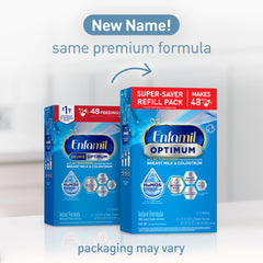 Enfamil Optimum 30oz tub label showing non-GMO and absence of artificial colors.