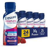 Ensure Complete Strawberry shake bottle displaying 30g protein and 350 calories for balanced nutrition